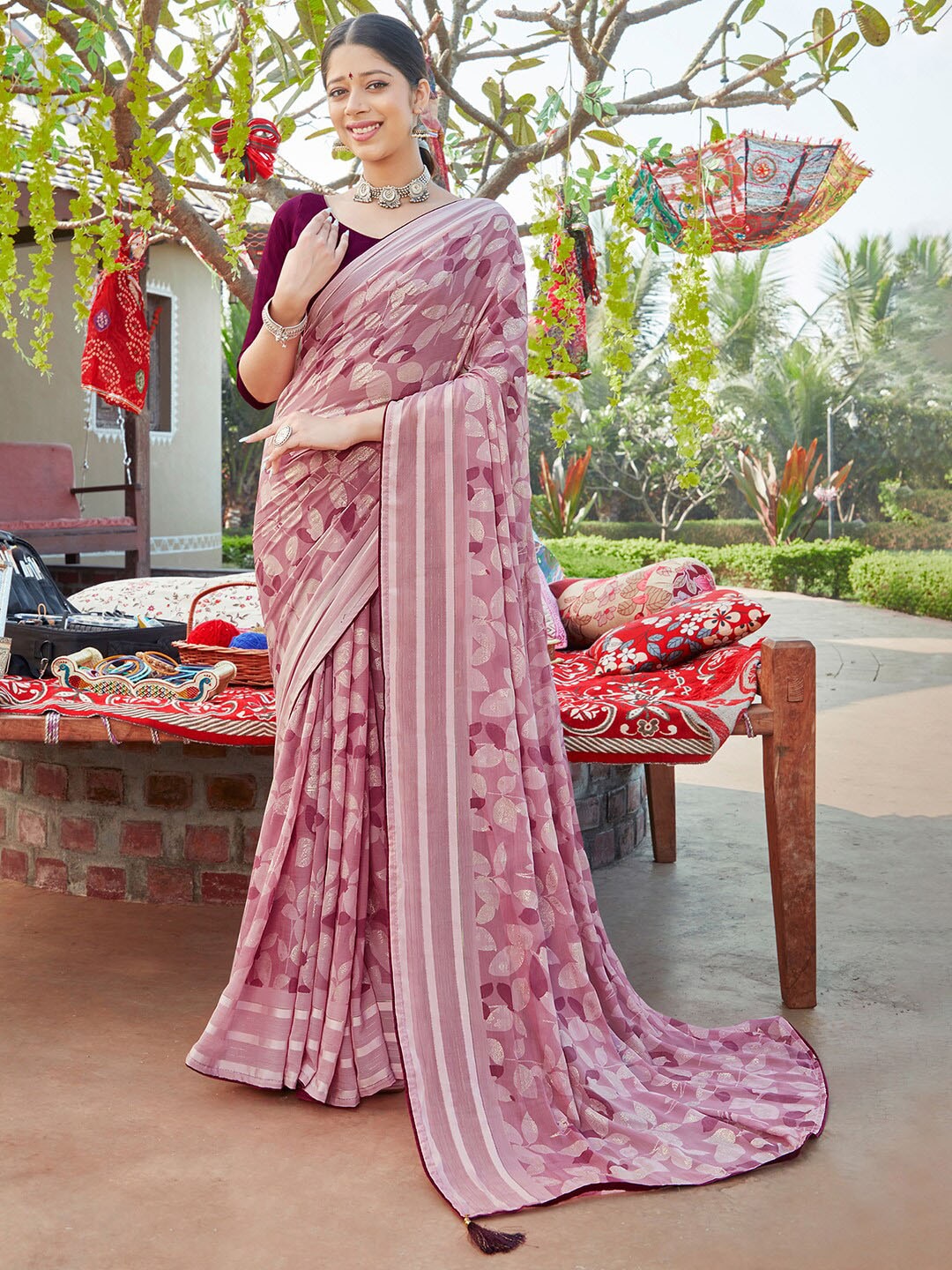 Saree Mall Floral Printed Pure Chiffon Block Print Saree | Grocsy