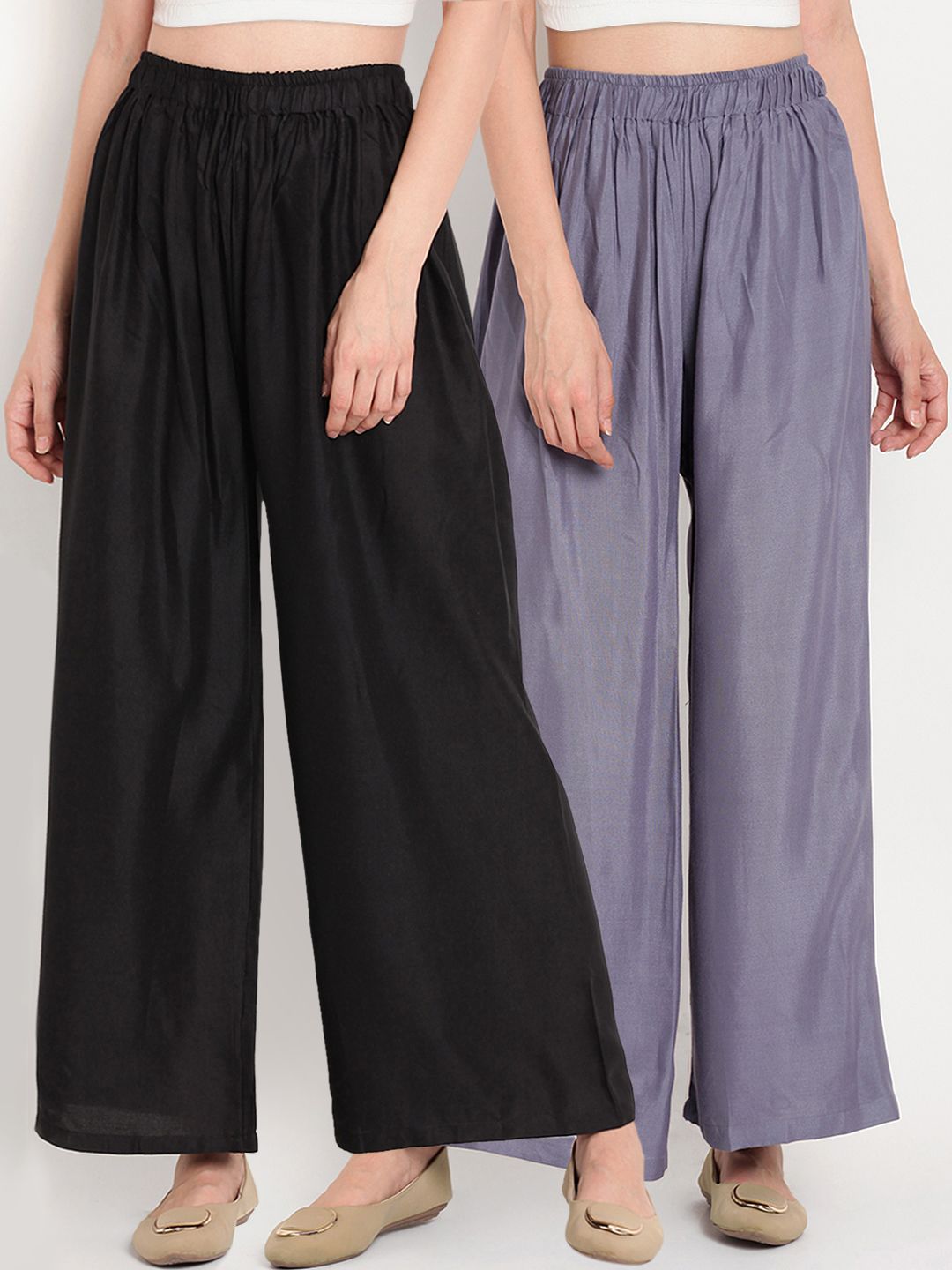 TAG 7 Women Pack Of 2 Black & Grey Solid Flared Palazzos | Grocsy