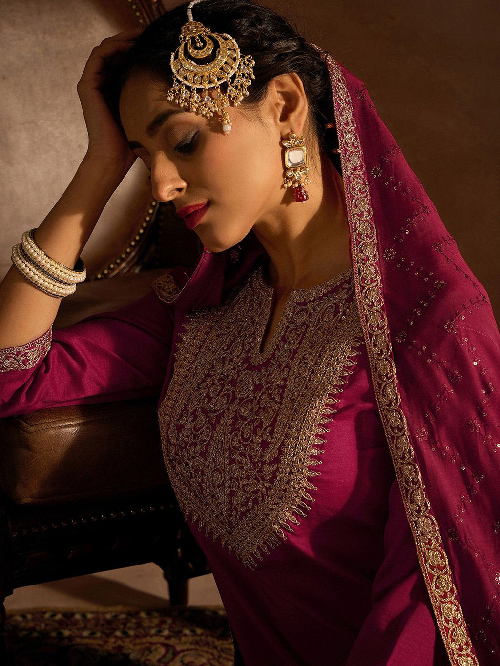 Indo Era Red Floral Embroidered Regular Kurta with Trousers & Dupatta | Grocsy