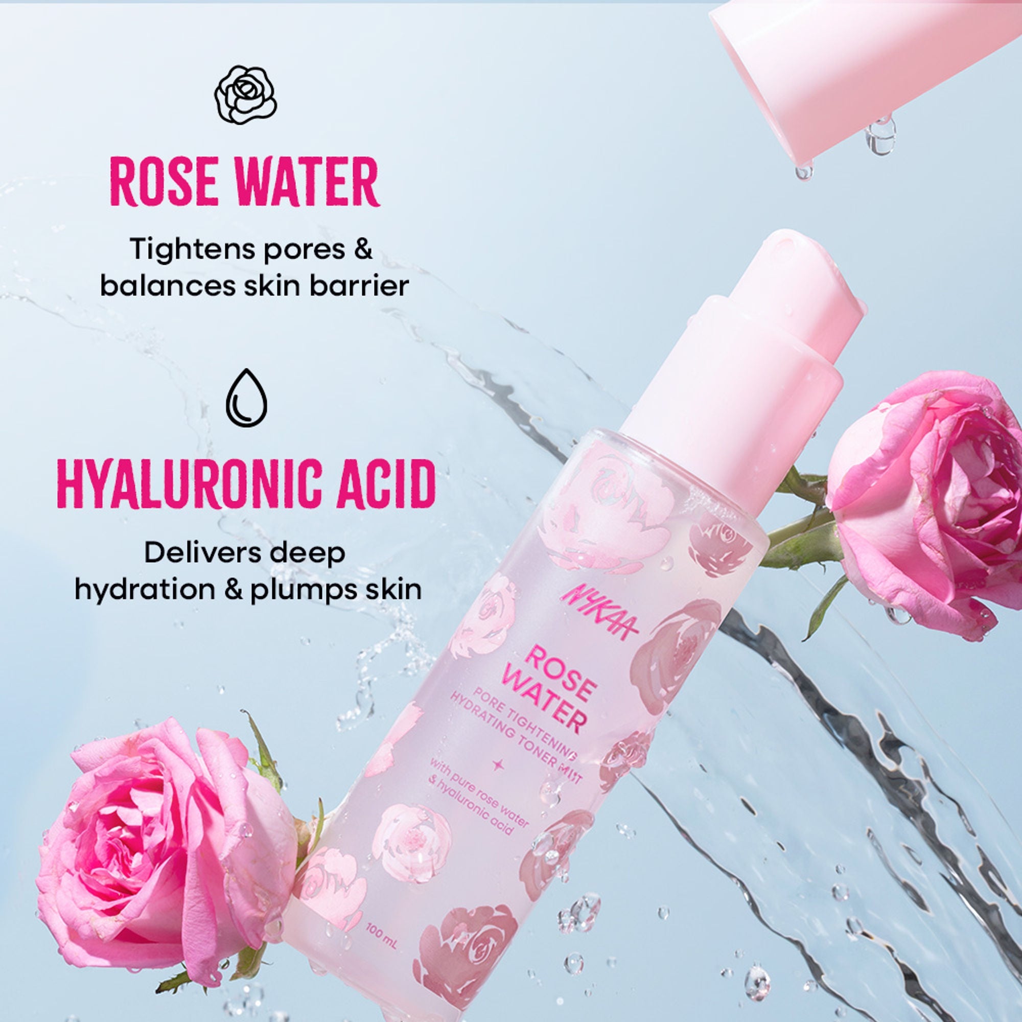 Nykaa Skin Rose Water Toner Mist with Hyaluronic Acid for Intense Hydration & Skin Barrier Repair - Rose Water and Hyaluronic Acid | Grocsy