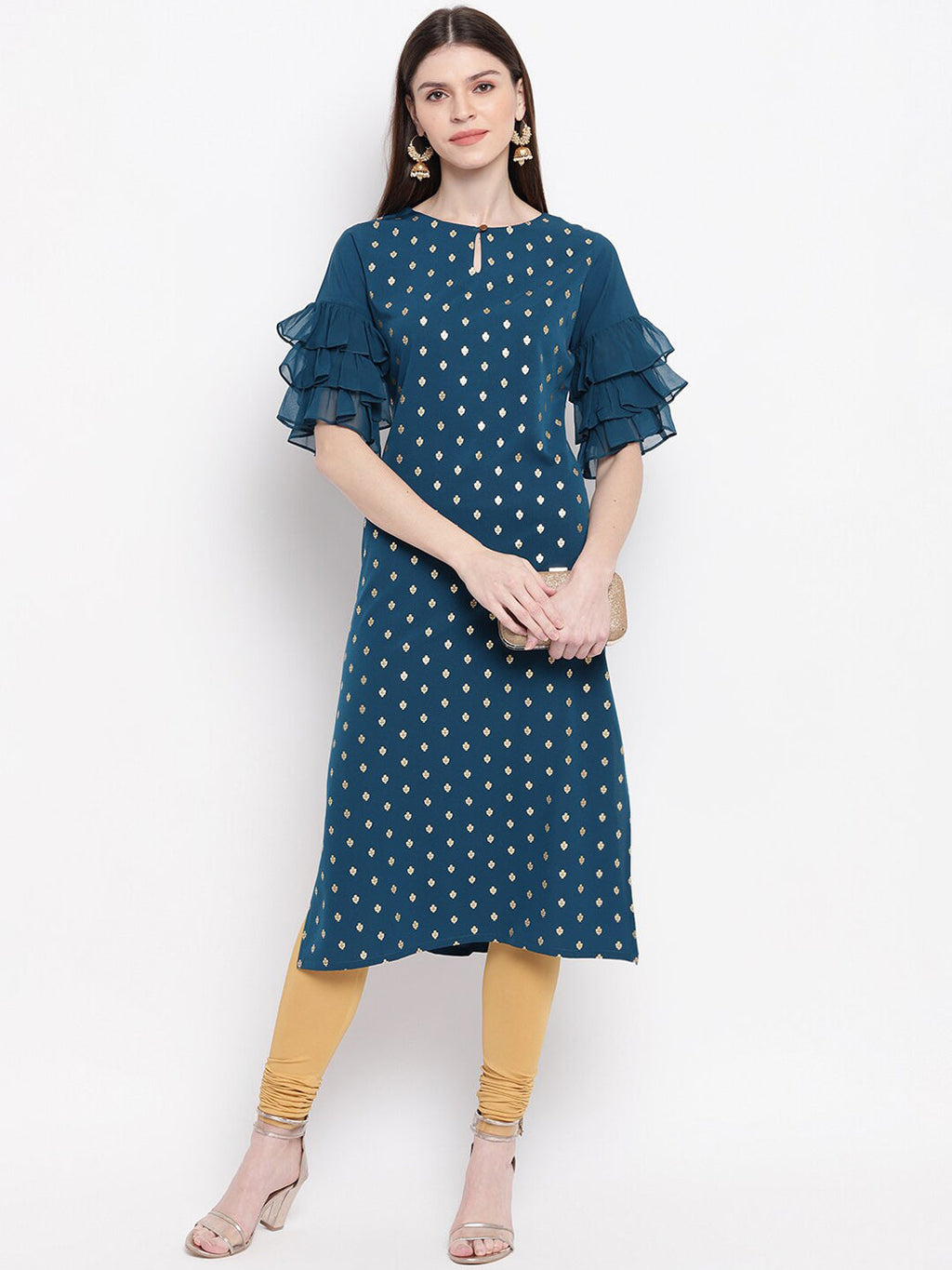 Janasya Women Teal Blue Geometric Printed Keyhole Neck Flared Sleeves Crepe Kurta | Grocsy