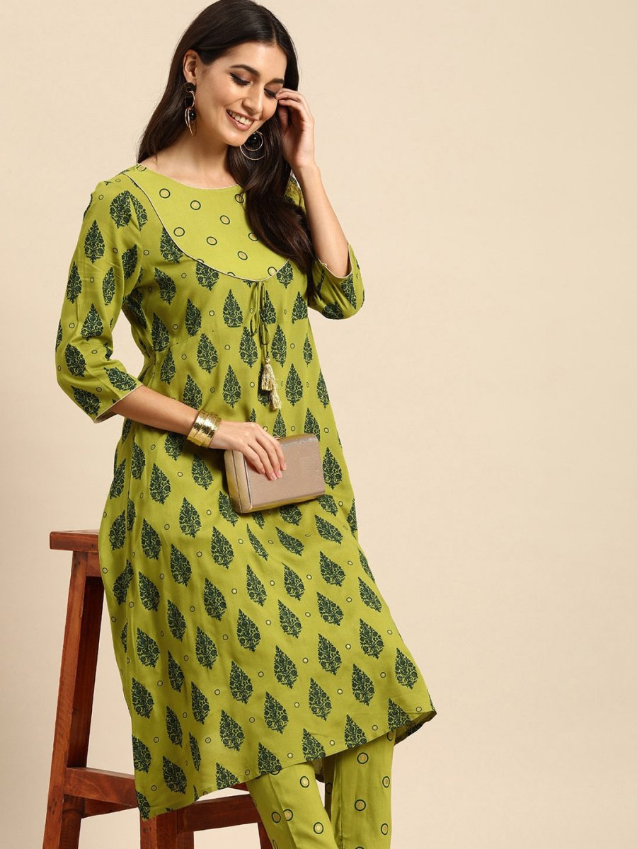 All About You Women Olive Green Ethnic Motifs Printed Empire Kurta with Trousers | Grocsy