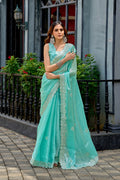 Vastranavya Turquoise Embroidery Work Shimmer Chiffon Saree with Unstitched Blouse | Grocsy