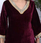 Miravan Women's Wine Embroidered Velvet Co-ord Set | Grocsy