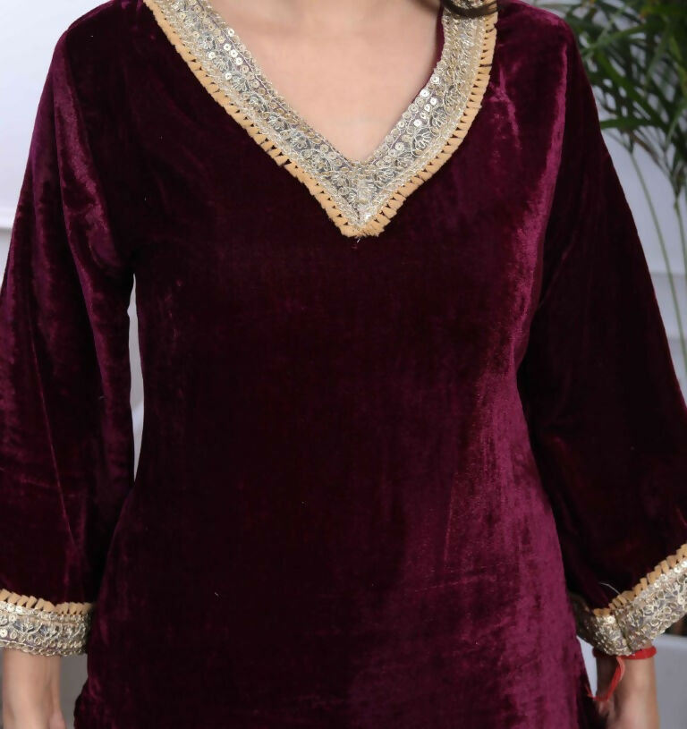 Miravan Women's Wine Embroidered Velvet Co-ord Set | Grocsy