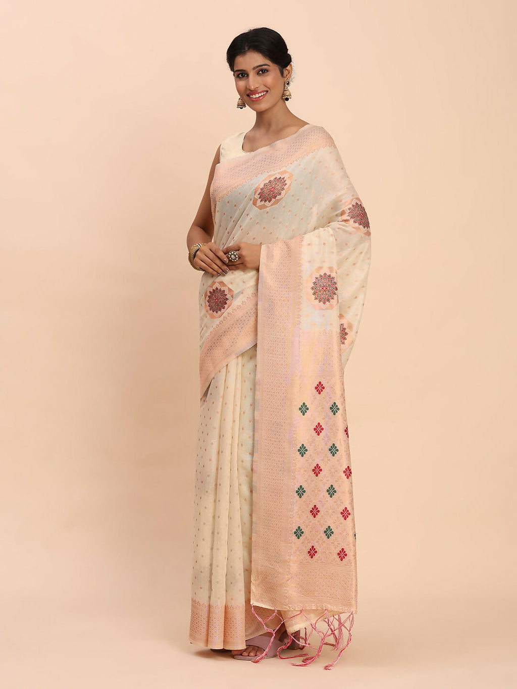 Shree Shyam Fashion Linen Cotton Off White Saree | Grocsy