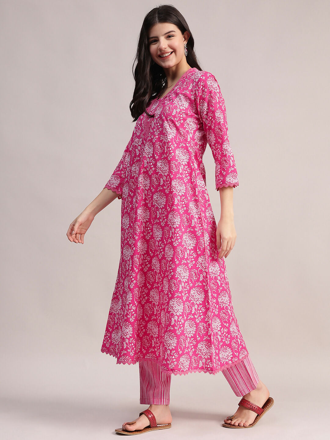 Aavyora Women's Pink Floral Print Cotton A-Line Kurta with Striped Trouser & Dupatta | Grocsy