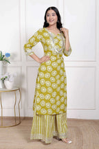 Miravan Women's Lime Yellow Block Printed Kurta with Palazzo | Grocsy