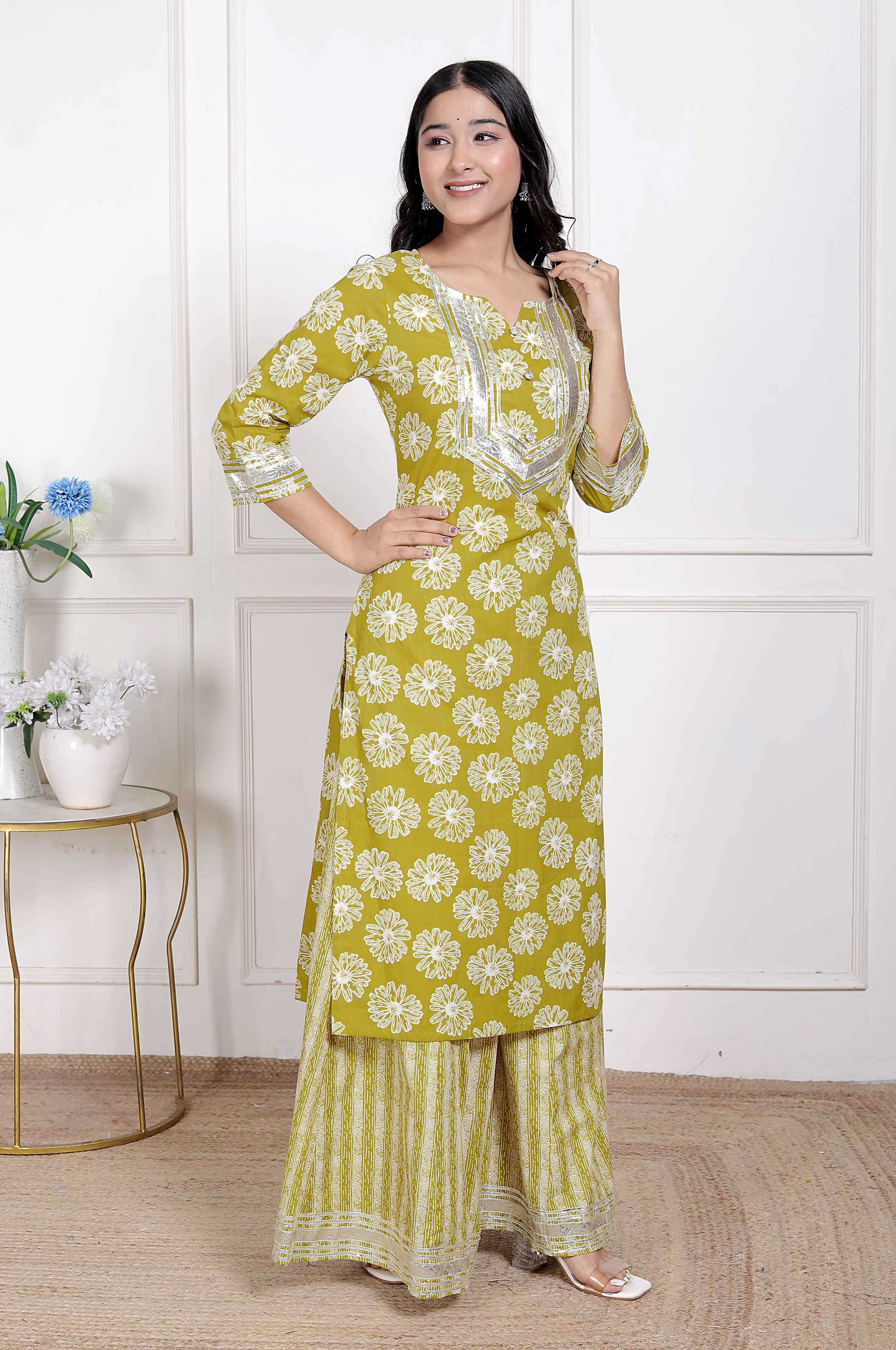 Miravan Women's Lime Yellow Block Printed Kurta with Palazzo | Grocsy