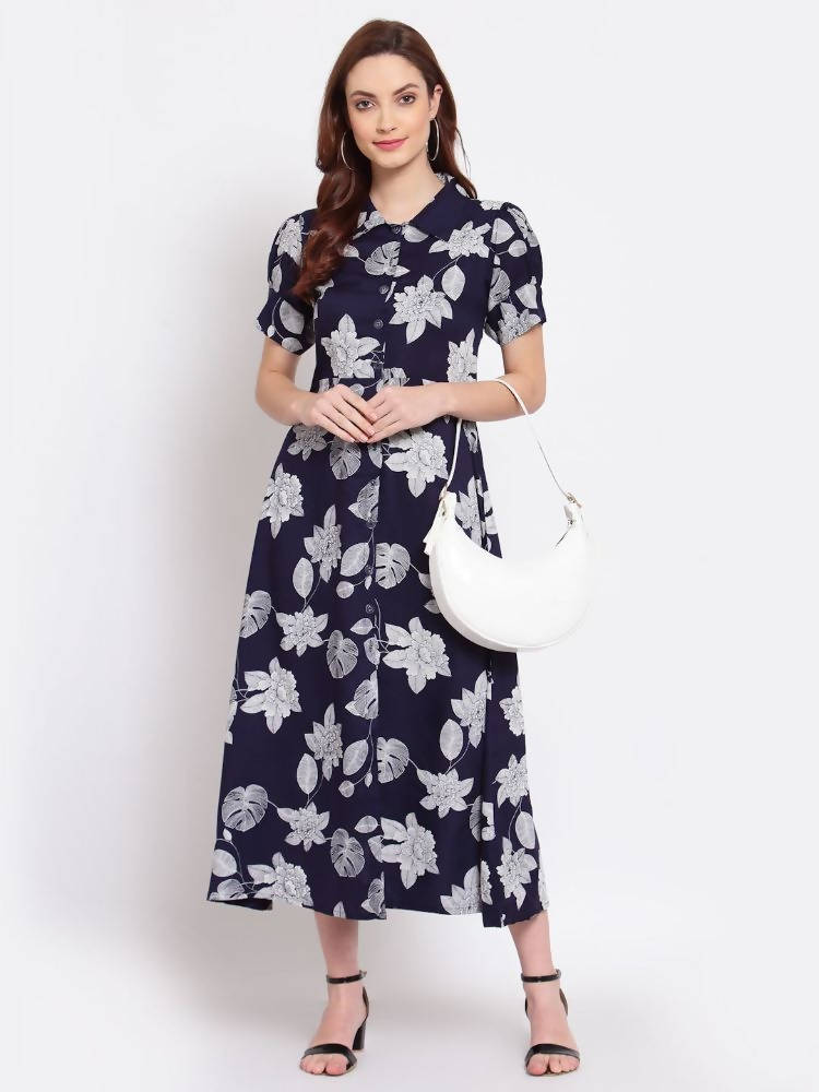 Myshka Women's Navy Blue Printed Cotton Short Sleeve Collar Neck Casual Dress | Grocsy