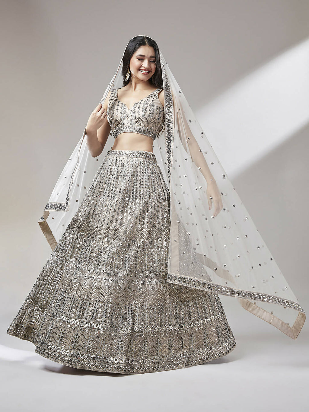 House of Panchhi Beige - Net Mirror & Sequins Embroiderey Lehenga choli | Grocsy