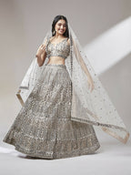 House of Panchhi Beige - Net Mirror & Sequins Embroiderey Lehenga choli | Grocsy
