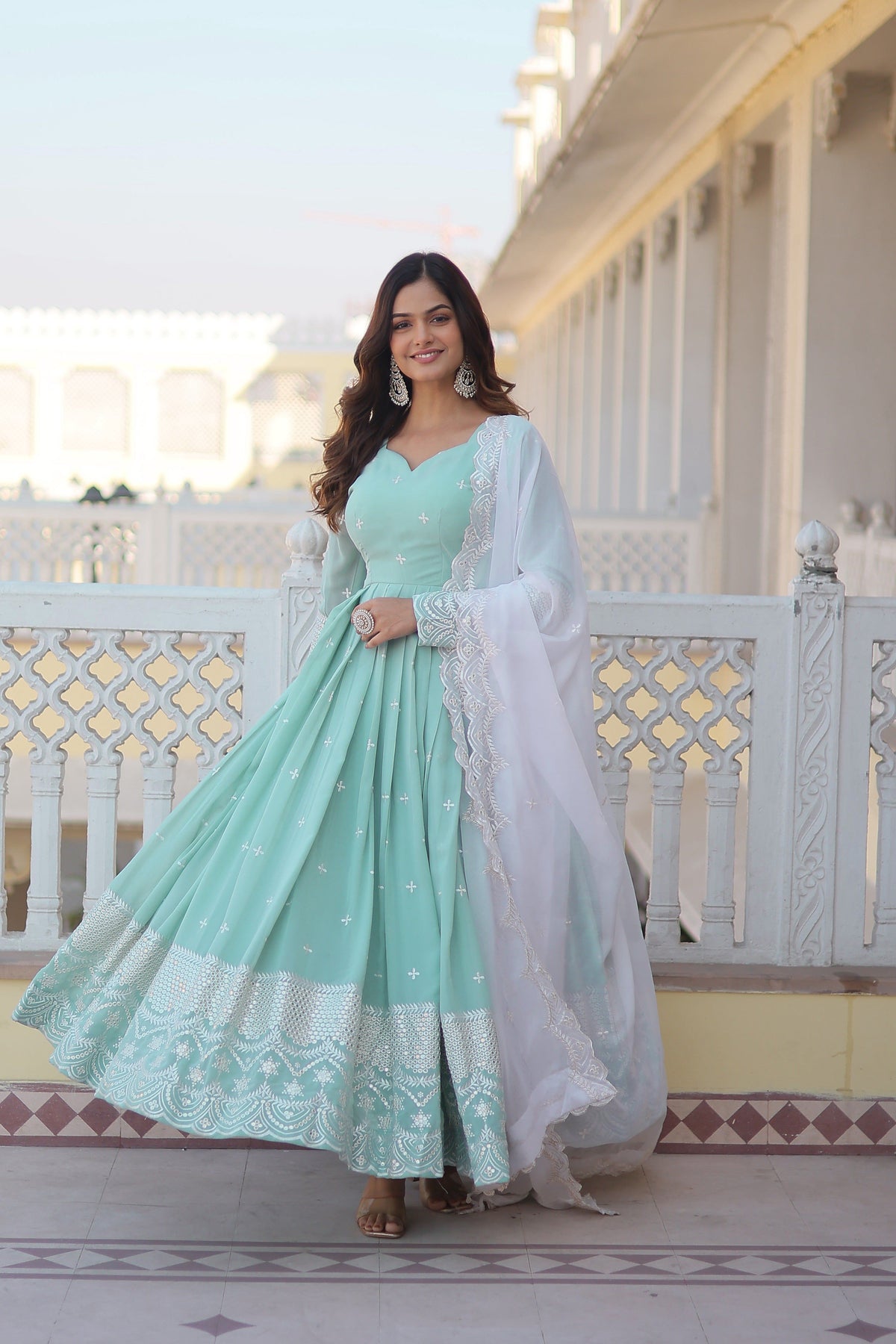 Yash Enterprise Green Pista Faux Georgette Party Wear Embroidery Suit Set | Grocsy