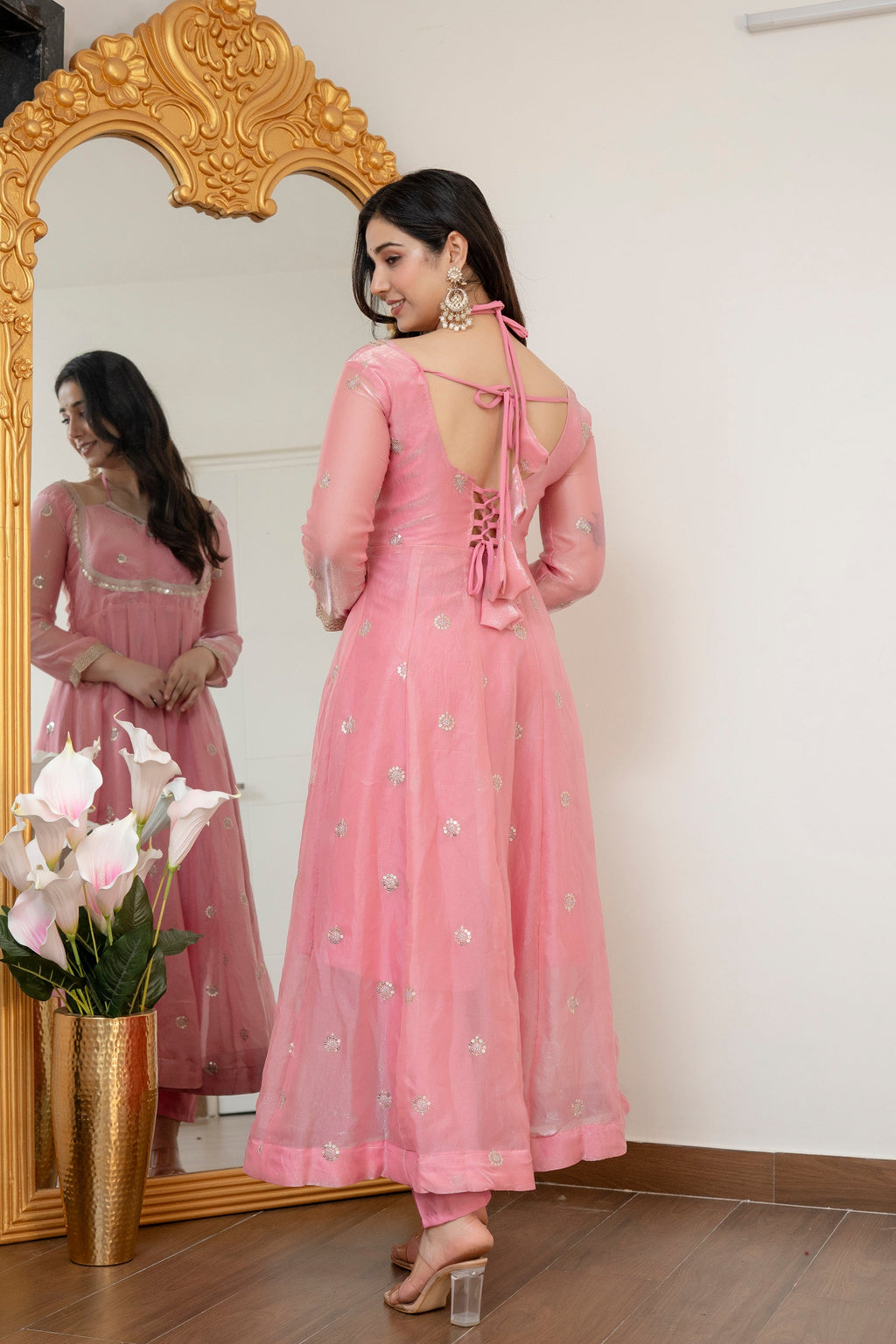 Yash Enterprise Peach Fandy Silk Party Wear Embroidery Suit Set | Grocsy