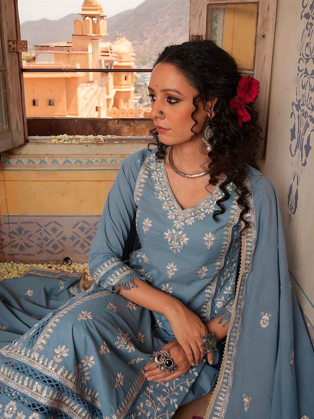Embroidered & Lace Detailed Kurta With Pant & Embroidered Dupatta Luxury, Multicolor - Hiral Fashion | Grocsy