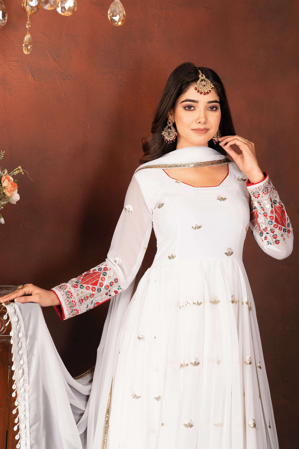 Yash Enterprise White Faux Blooming Embroidery Party Wear Suit Set | Grocsy