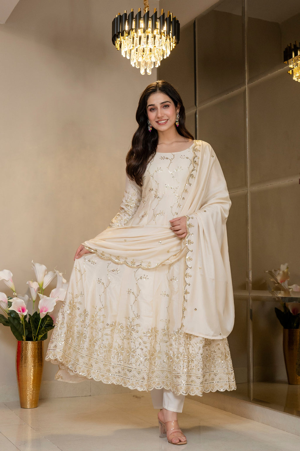 Yash Enterprise Cream Chinon Silk Party Wear Embroidery Suit Set | Grocsy