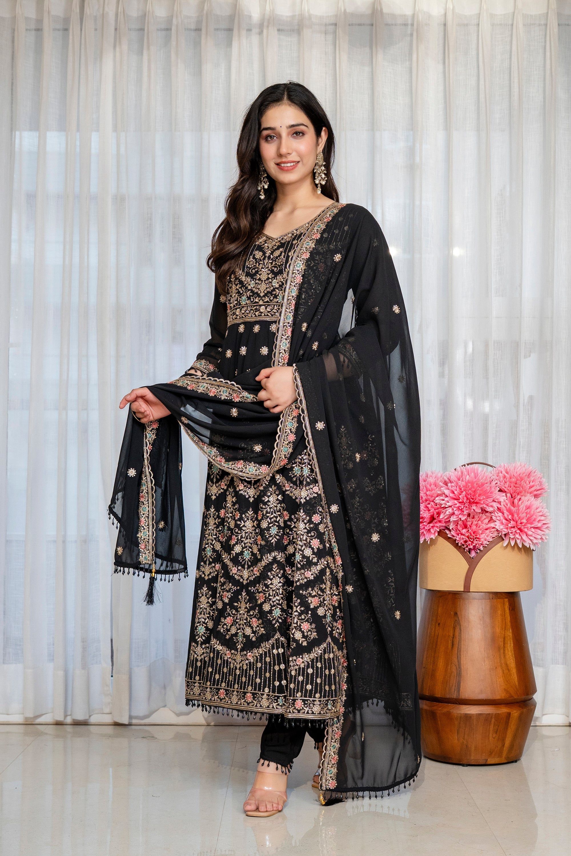 Yash Enterprise Black Georgette Party Wear Anarkali Suit Set | Grocsy