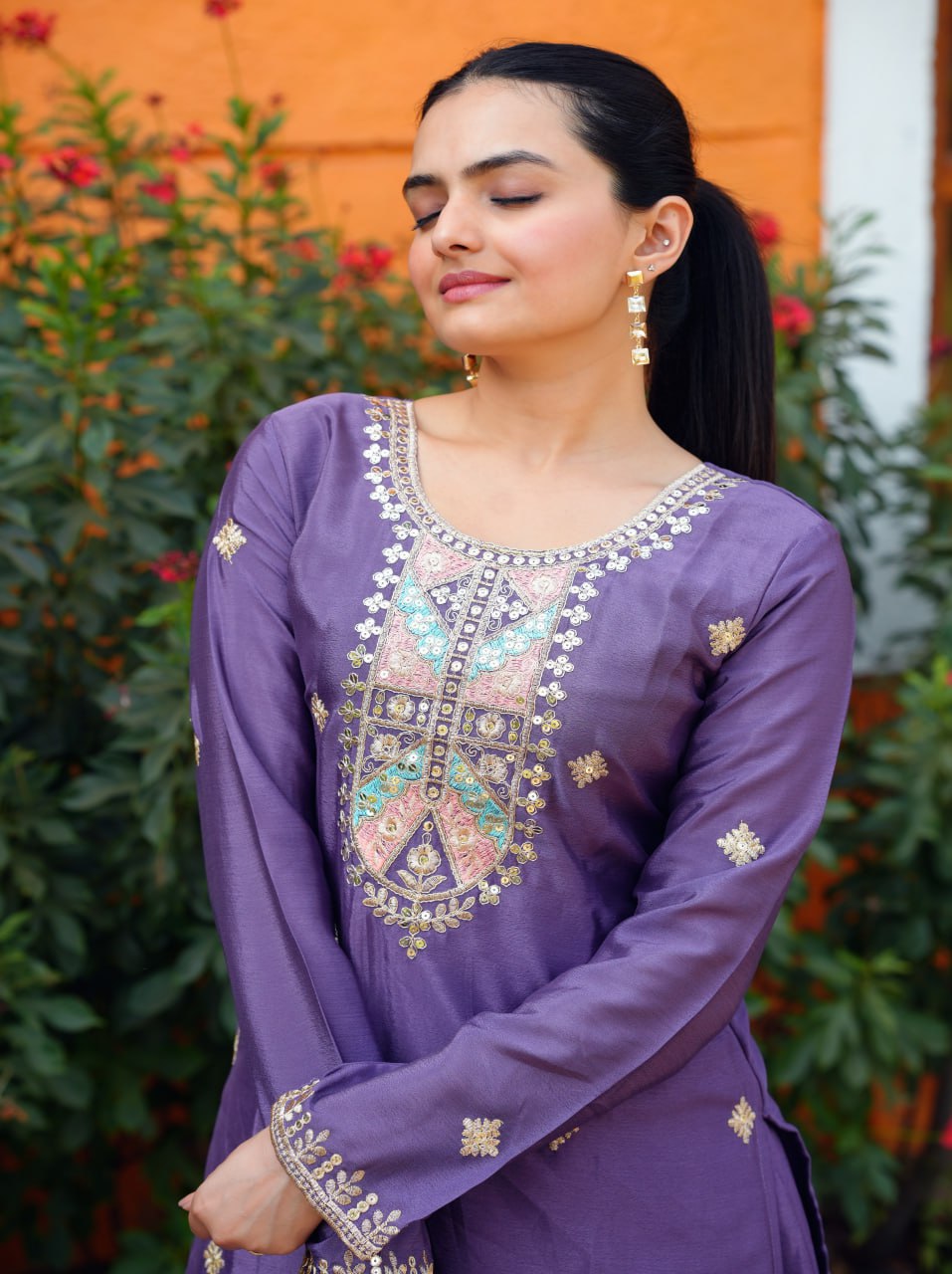 Yash Enterprise Purple Chinon Silk Party Wear Embroidery Suit Set | Grocsy