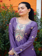 Yash Enterprise Purple Chinon Silk Party Wear Embroidery Suit Set | Grocsy