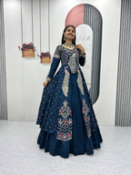 Yash Enterprise Rama Green Vichitra Silk Party Wear Embroidery Crop Top With Blouse Lehenga Choli | Grocsy
