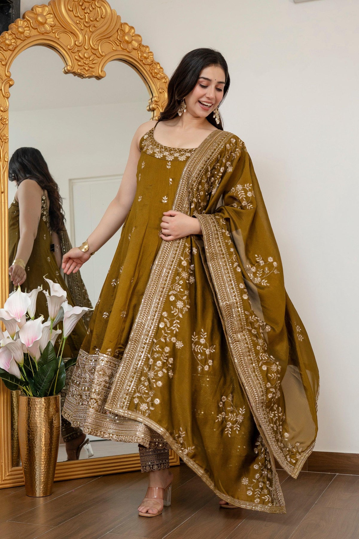 Yash Enterprise Mehndi Vichitra Silk Party Wear Embroidery Suit Set | Grocsy