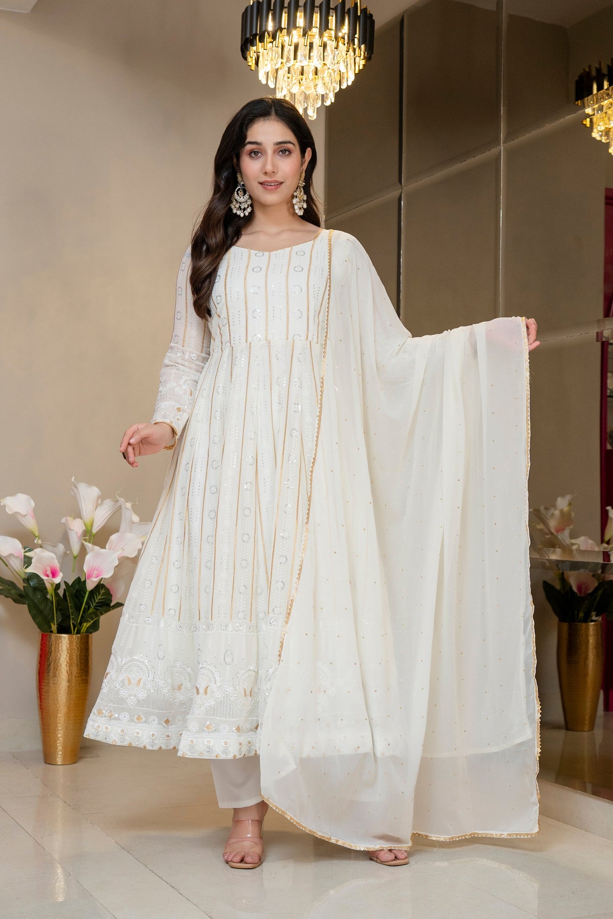 Yash Enterprise Off White Faux Blooming Party Wear Embroidery Suit Set | Grocsy