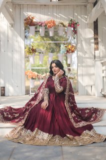 Yash Enterprise Dark Maroon Vichitra Shimmer With Rich Sequins Embroidered Work Party Wear Suit Set Stitched | Grocsy