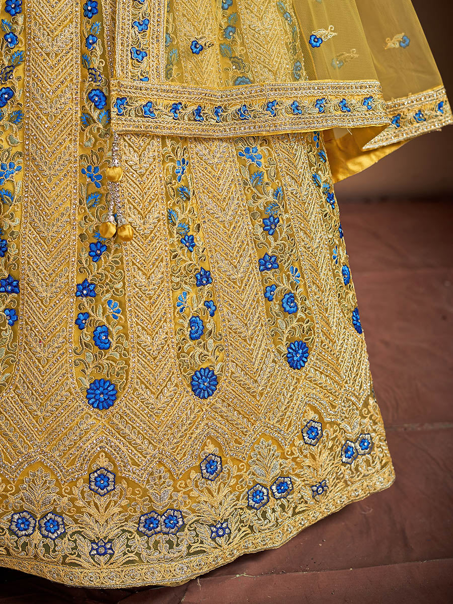 Myra Mustard Soft Net Heavy Embroidered Designer Lehenga | Grocsy