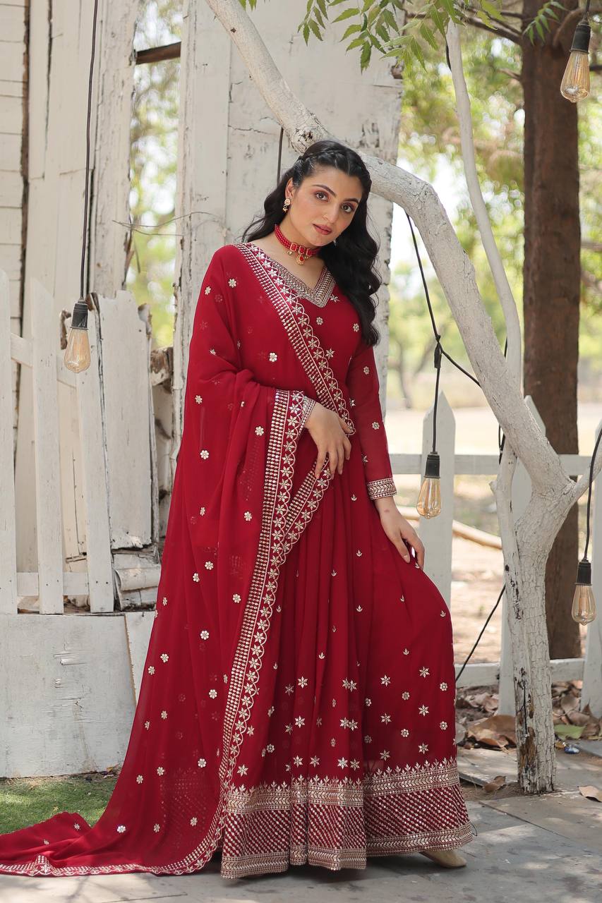 Yash Enterprise Maroon Faux Blooming With Sequins Embroidered Multi-Sequins Work Suit Set | Grocsy