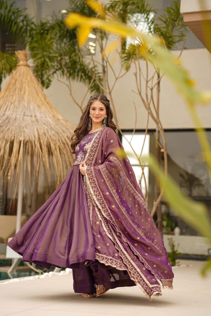 Yash Enterprise Purple Cosmo Silk Party Wear Ebroidery Suit Set | Grocsy