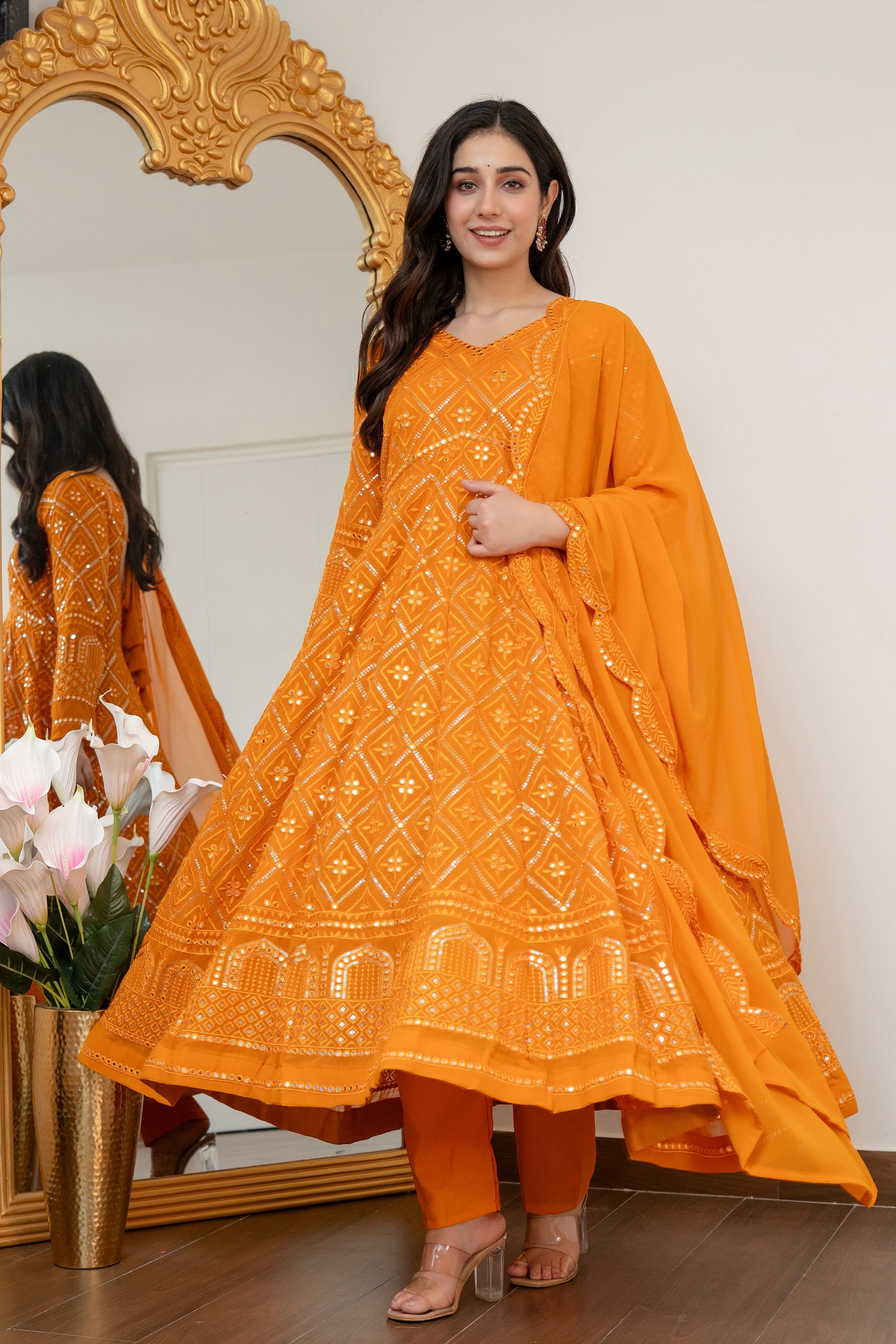 Yash Enterprise Yellow Blooming Silk Party Wear Embroidery Suit Set | Grocsy