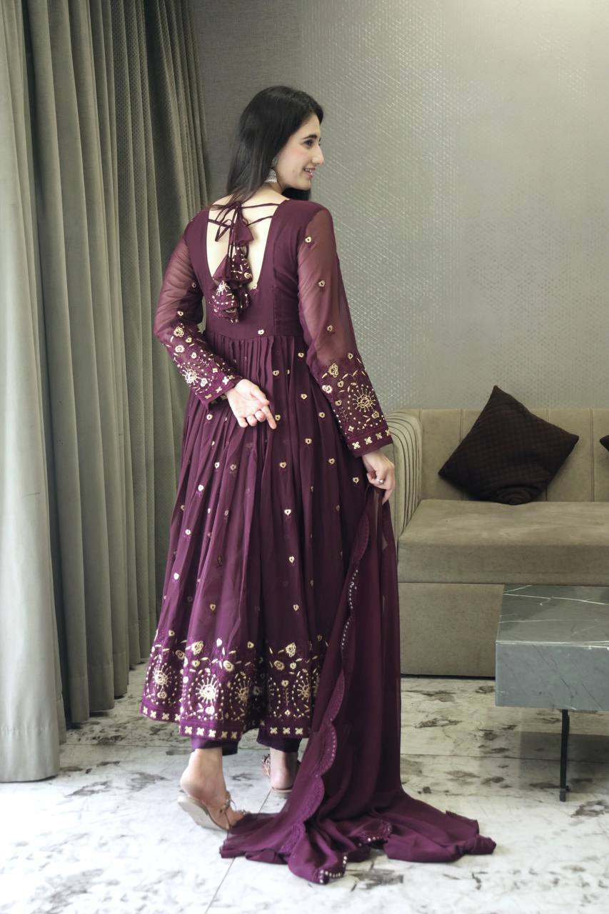 Yash Enterprise Maroon Anarkali Salwar Suit With Mirror And Gota Patti Work | Grocsy