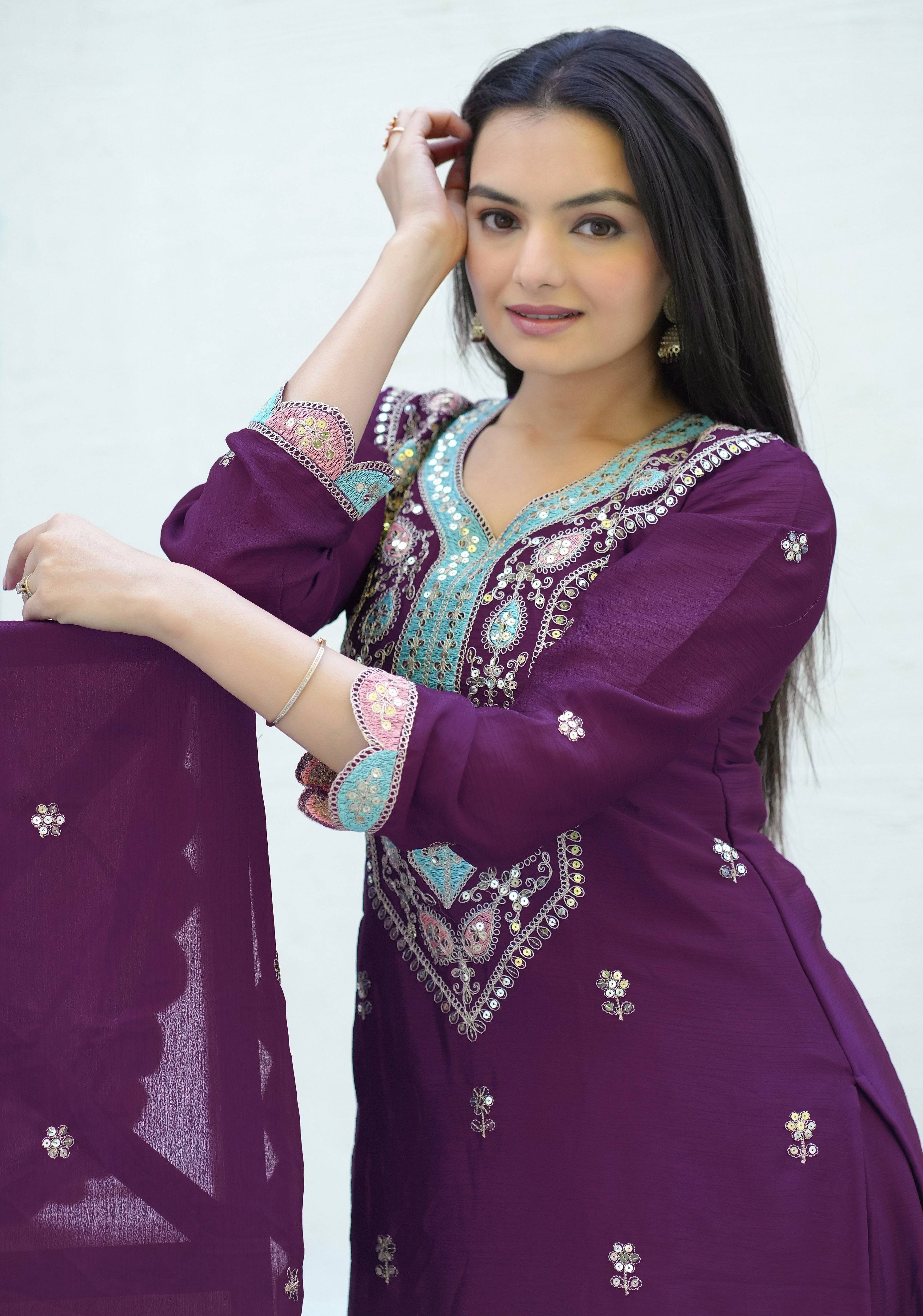 Yash Enterprise Embroidered Chinon With Sequin Maroon Readymade Salwar Suit | Grocsy