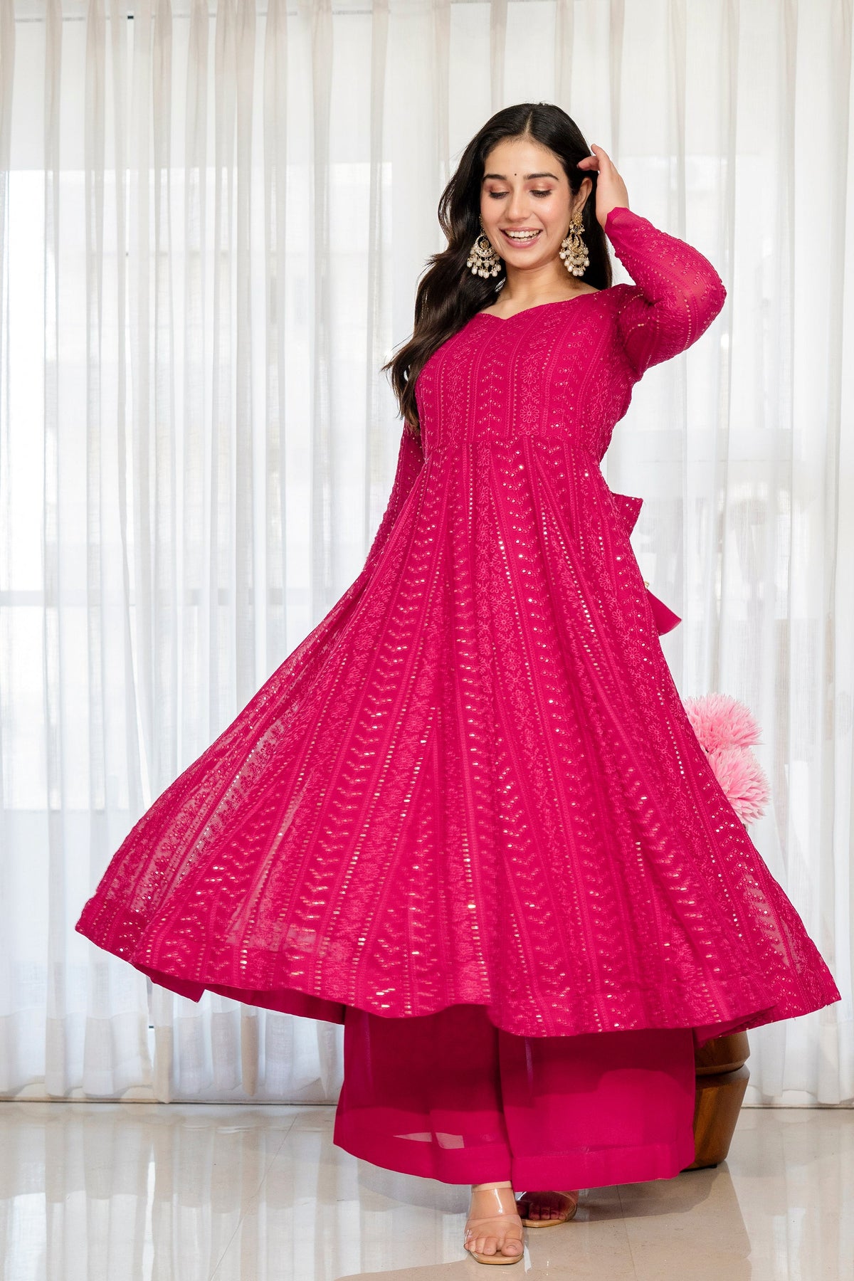 Yash Enterprise Rani Pink Blooming Silk Party Wear Embroidery Sharara Suit Set | Grocsy