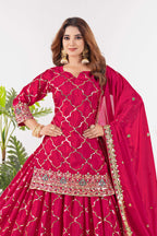 Yash Enterprise Red Chinnon Silk Embroidery Party Wear Suit Set | Grocsy