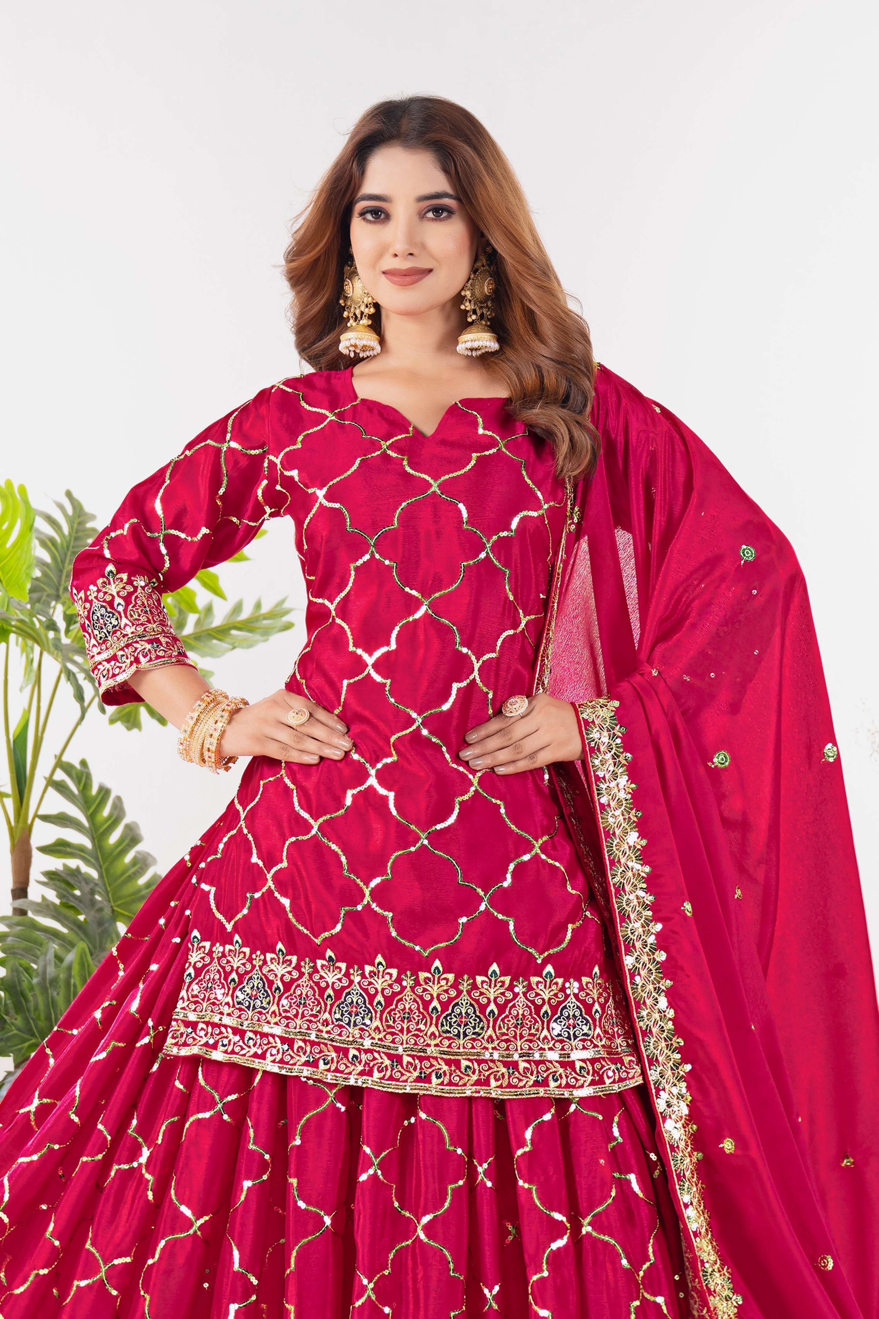 Yash Enterprise Red Chinnon Silk Embroidery Party Wear Suit Set | Grocsy