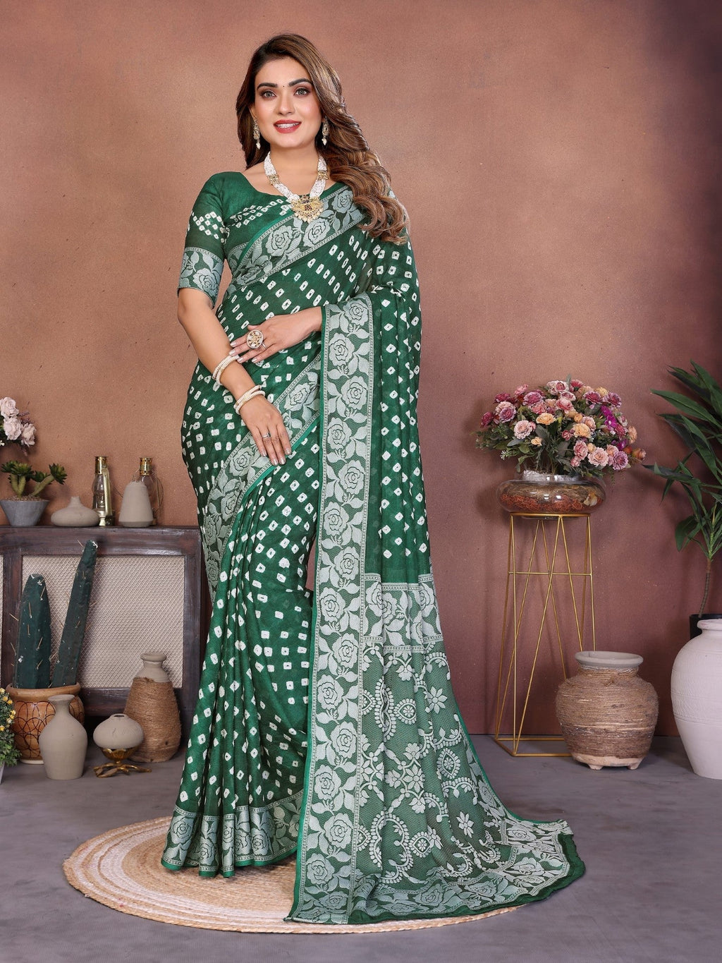 Anaita Green Handmade Bandhej Viscose Silk Saree With Blouse | Grocsy