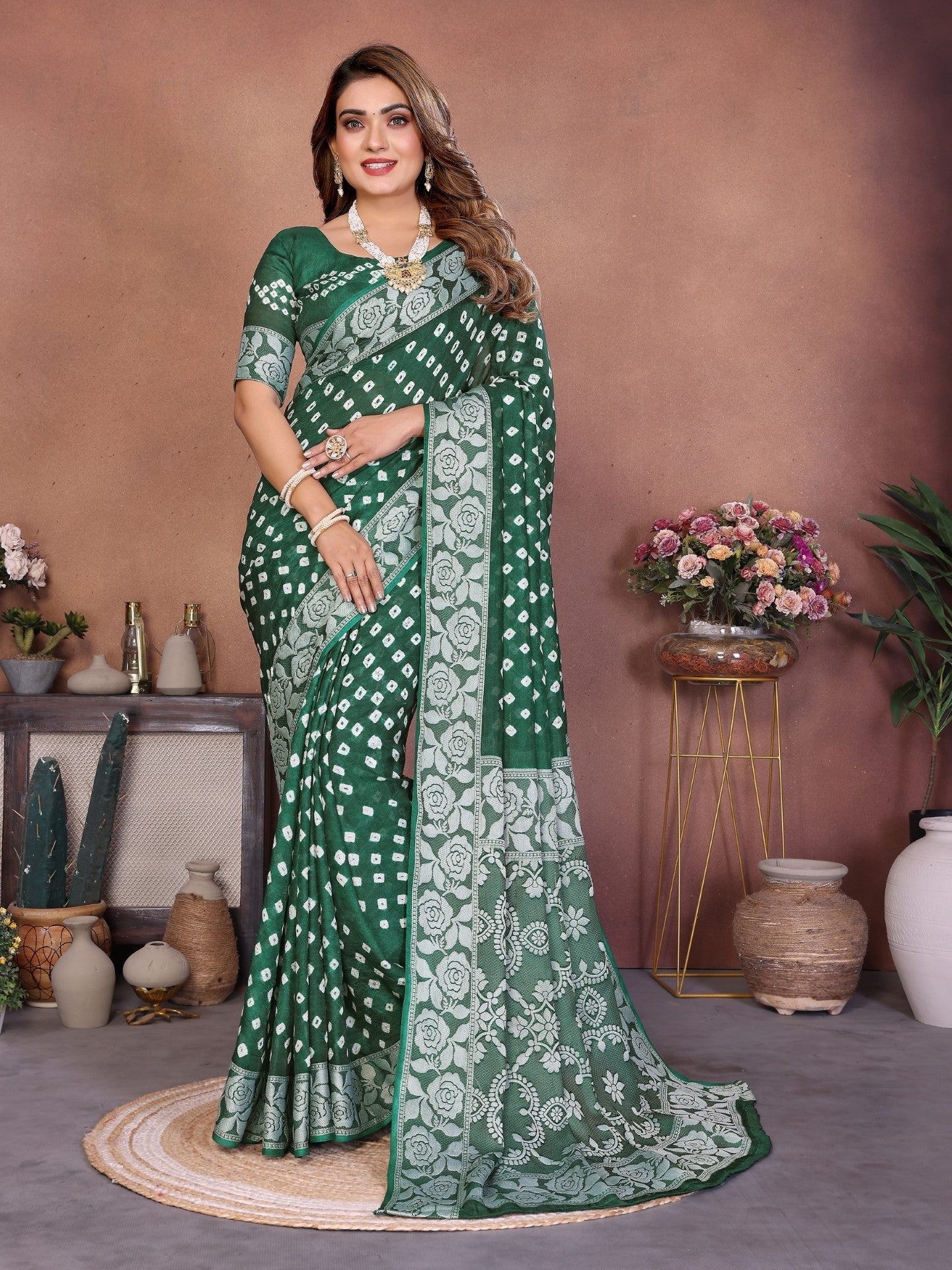 Anaita Green Handmade Bandhej Viscose Silk Saree With Blouse | Grocsy