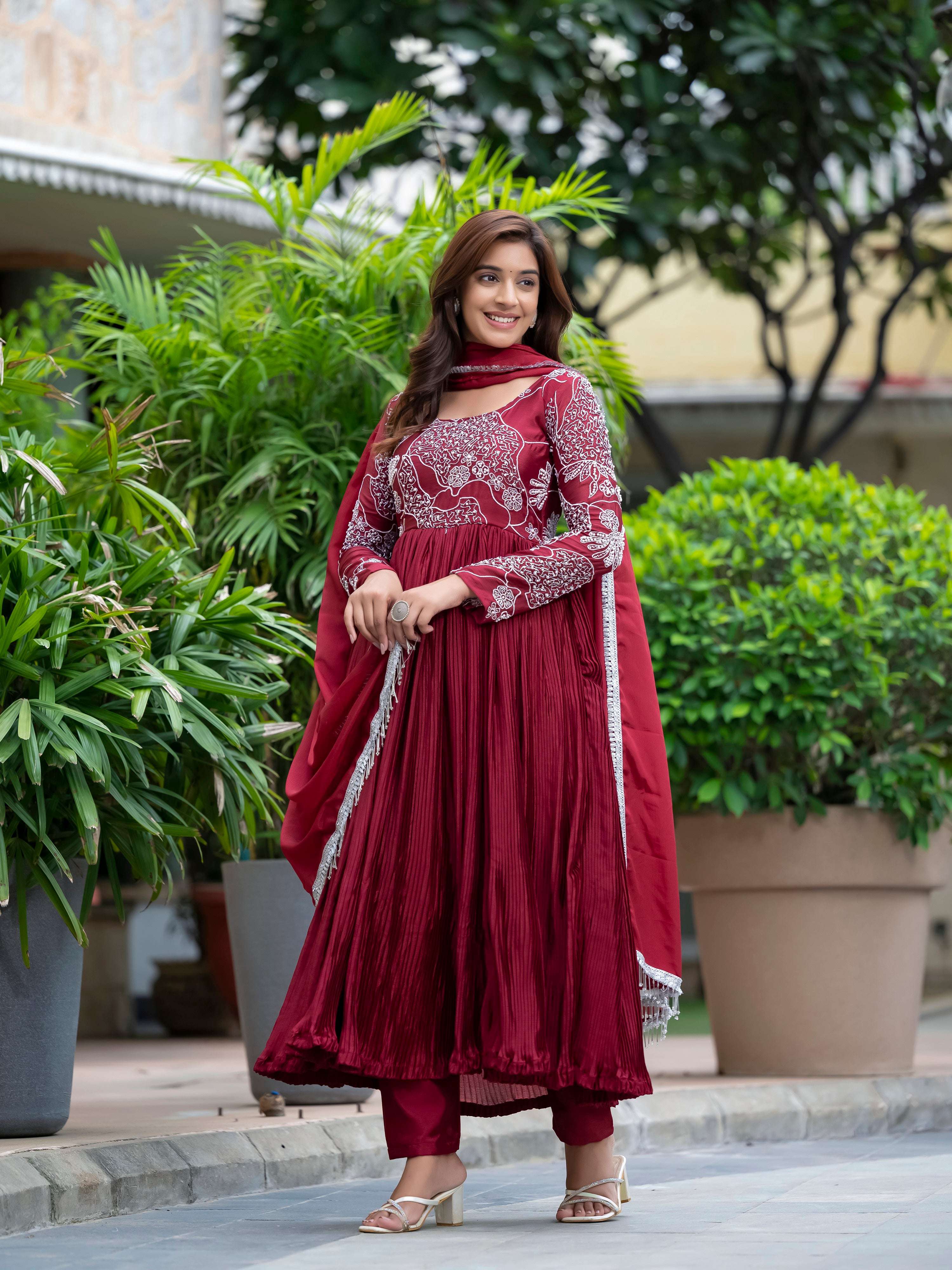 Yash Enterprise Maroon Chinon Silk Party Wear Embroidery Suit Set | Grocsy