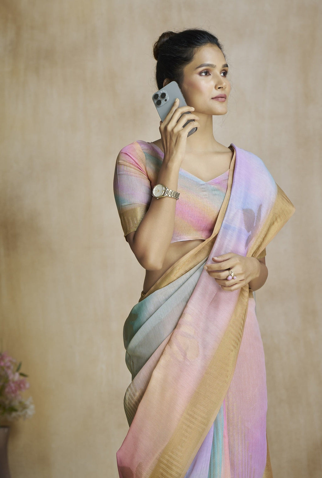 Anaita Peach Fancy Fabric With Digital Print Saree With Blouse | Grocsy