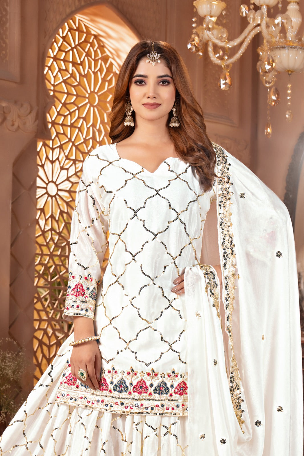 Yash Enterprise White Chinon Silk Embroidery Party Wear Suit Set | Grocsy