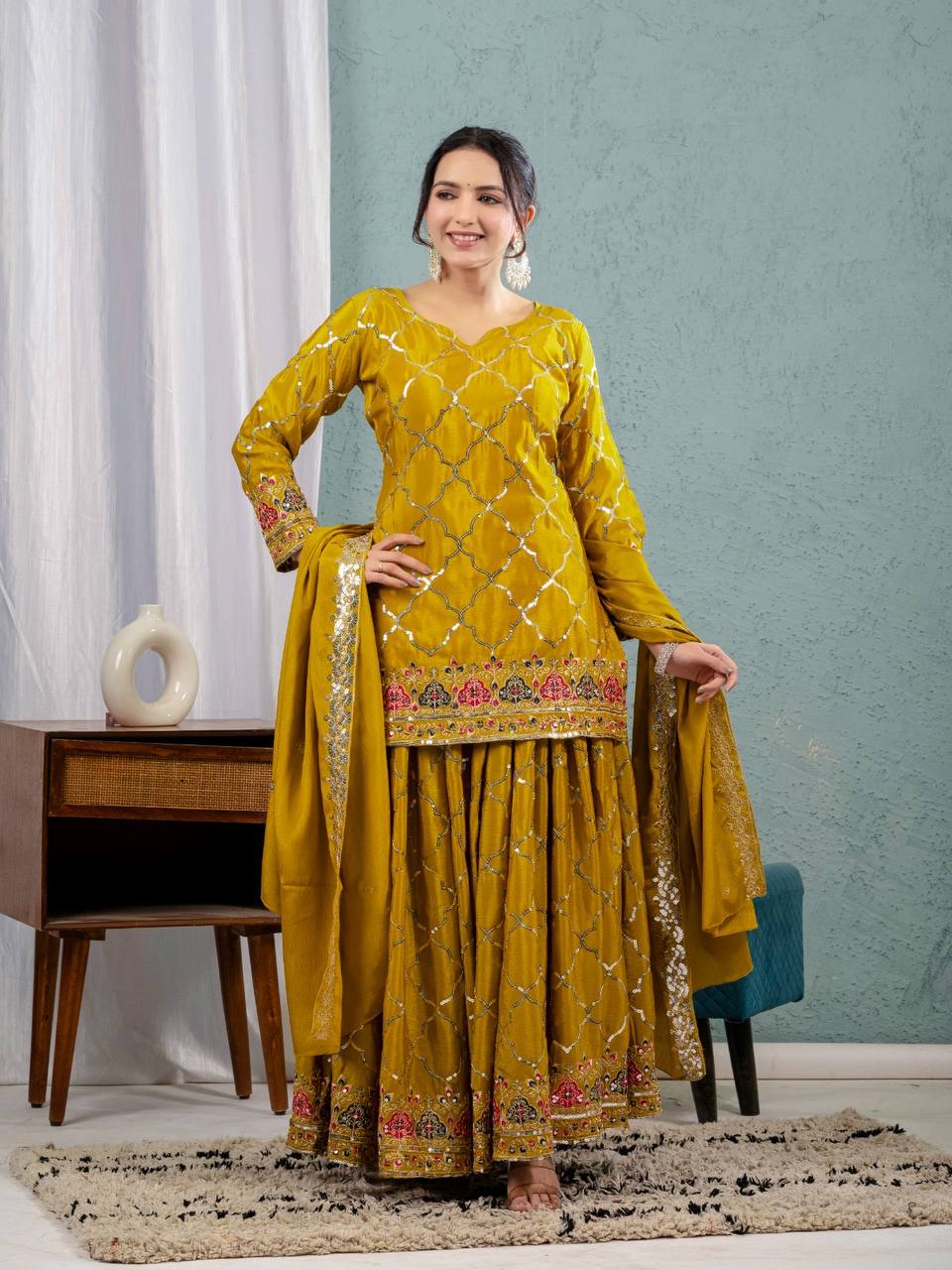 Yash Enterprise Yellow Georgette Embroidery Party Wear Suit Set | Grocsy