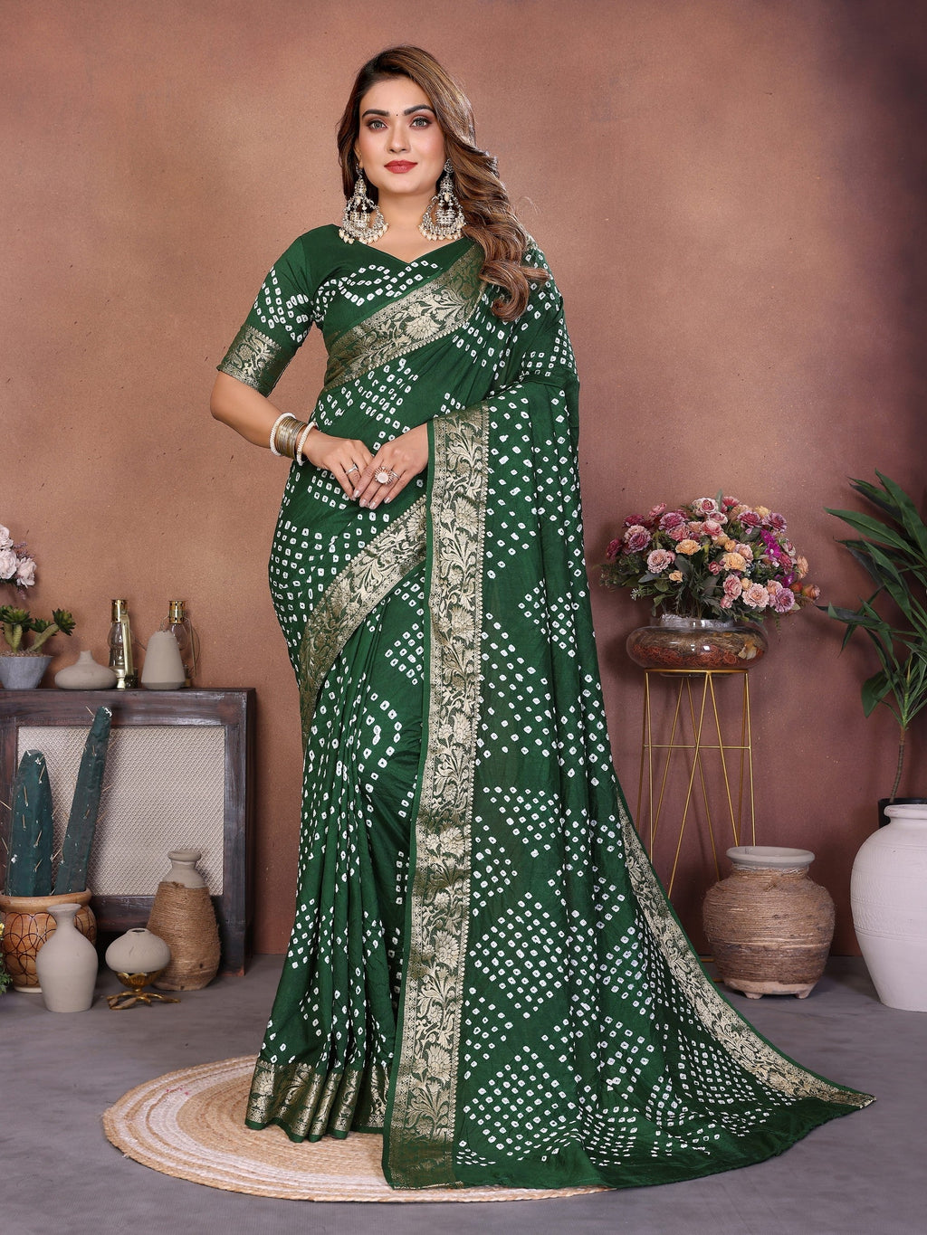 Anaita Green Handmade Bandhej Viscose Silk Saree With Blouse | Grocsy