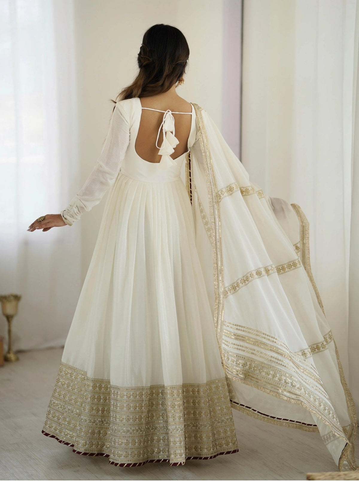 Yash Enterprise Off White Chinon Silk Party Wear Embroidery Suit Set | Grocsy