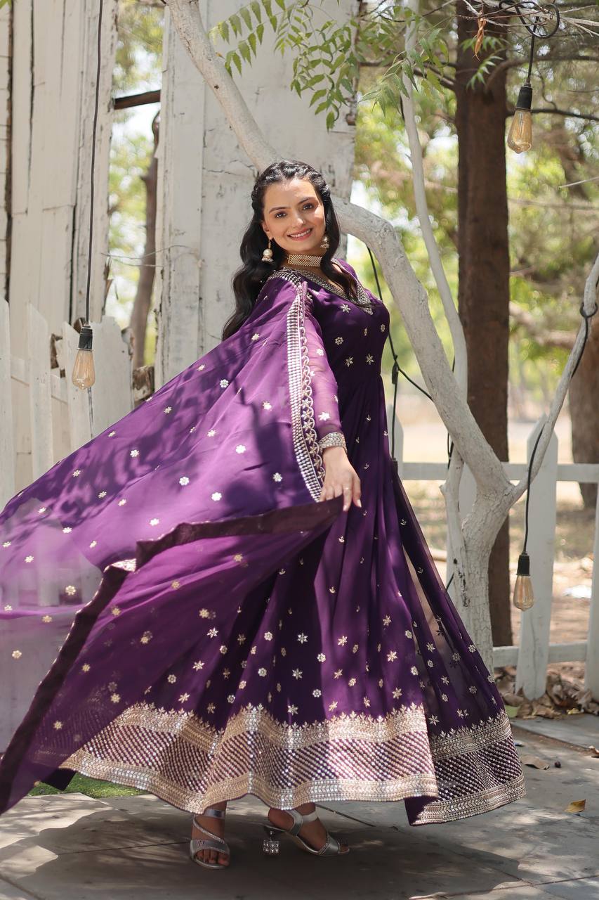 Yash Enterprise Purple Heavy Fux Blooming Embroidery Party Wear Suit | Grocsy