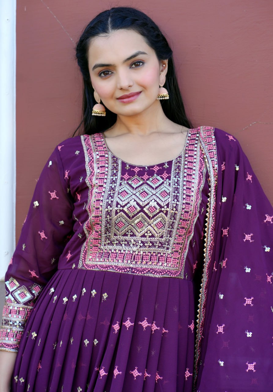 Yash Enterprise Wine Georgette Party Wear Embroidery Party Wear Suit Set | Grocsy