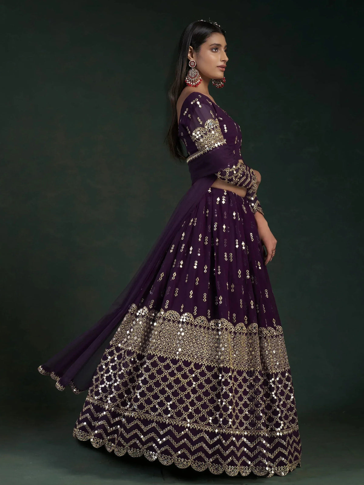 Tulsi Art Alluring Dark Purple Zari Work Georgette Wedding Wear Lehenga Choli | Grocsy