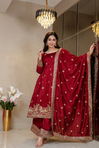 Yash Enterprise Maroon Simmar Silk Party Wear Embroidery Suit Set | Grocsy