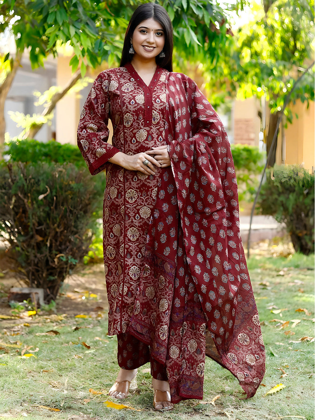 Hand Embroidered & Floral Printed Lace Detailed Kurta With Printed Pant & Dupatta Premium Luxury, Multicolor - Hiral Fashion | Grocsy